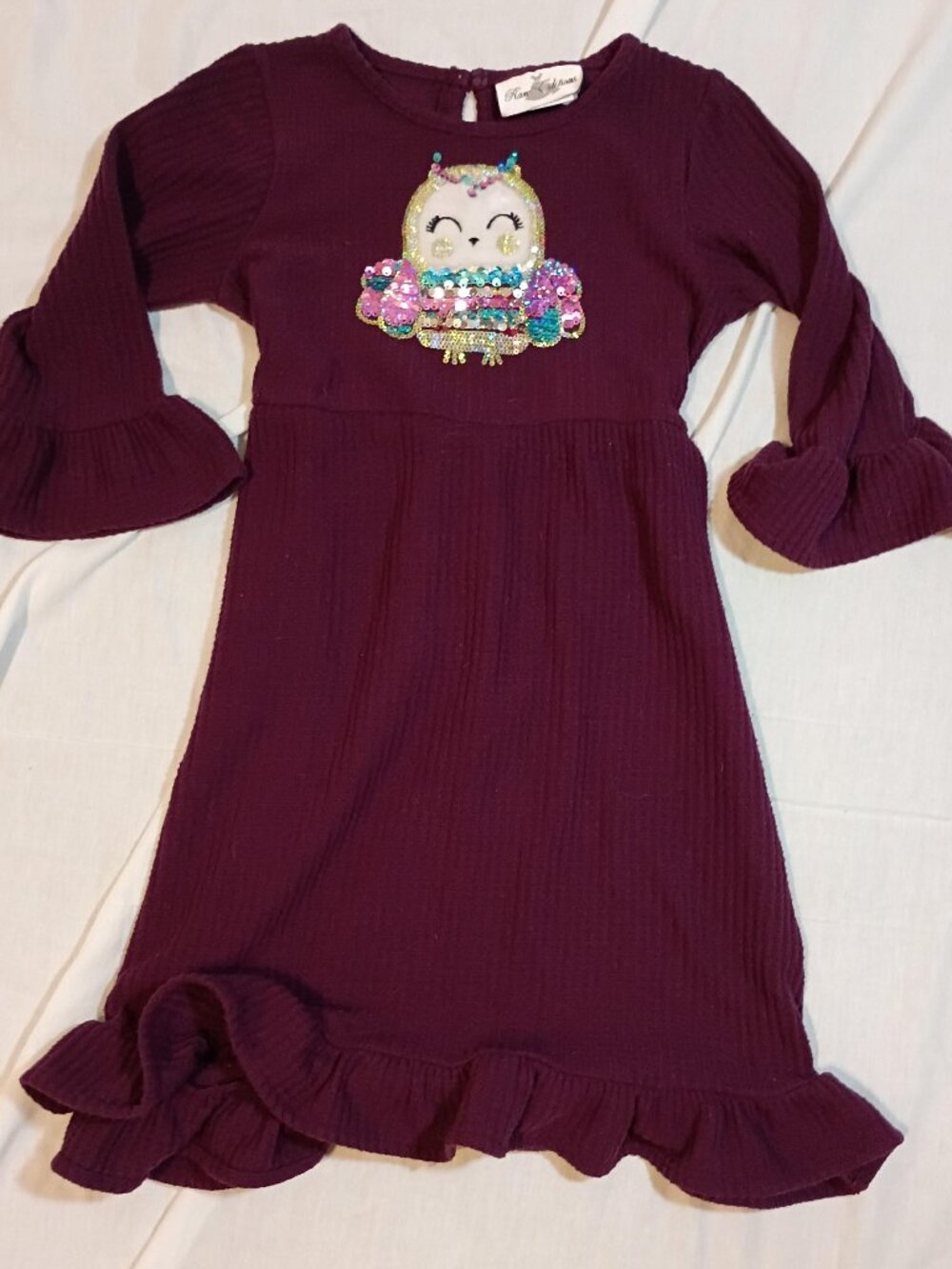 Rare Editions/Dress/Girls 6X/Purple/Sequin Owl Ruffle Sleeve Woodlandcore Sparkl